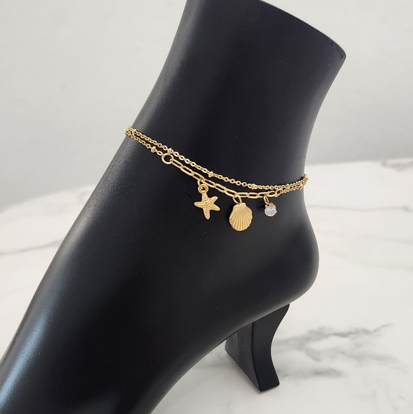 Gold Beach Starfish, Shell & Crystal Accent Charm Anklet Bracelet - Picture 8 of 10